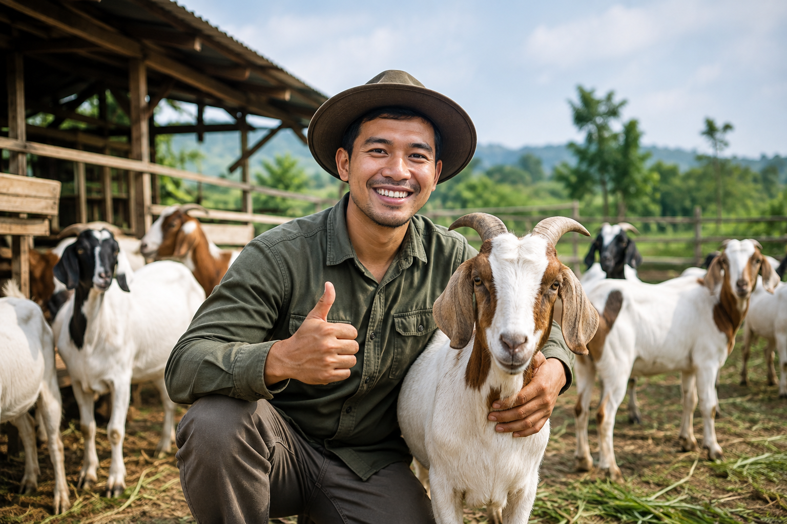 Peternak bersama kambing di kandang
